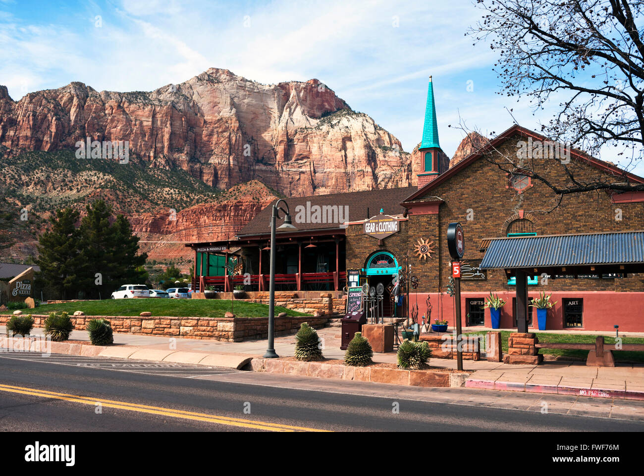 The town of Springdale the gateway town to Zion National Park Stock Photo
