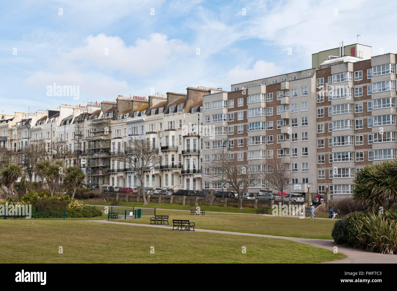 Apartment buildings overlooking the park at Warrior Square, St Leonards-on-Sea, East Sussex Stock Photo