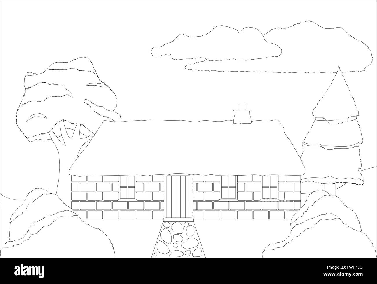 A cottage in the countryside colouring in page Stock Photo