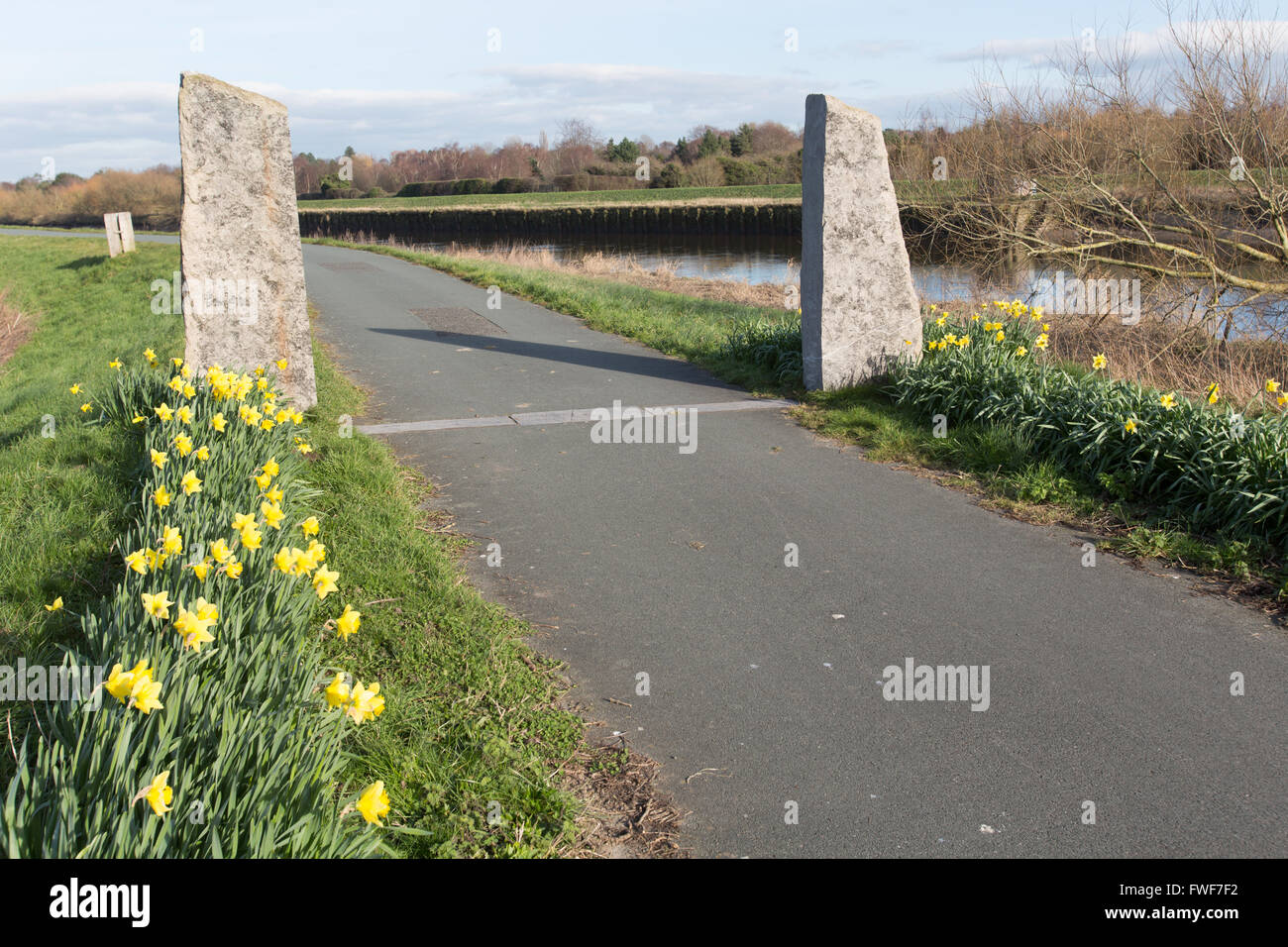 The Wales Coastal Path in North Wales. Picturesque spring view of the end (or start) of the Wales Coastal Path at Chester. Stock Photo