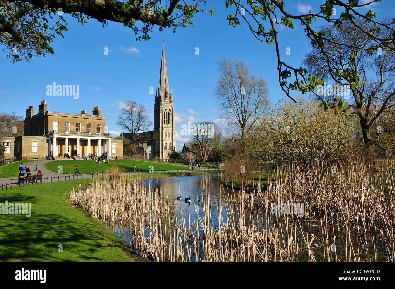 Clissold Park, Stoke Newington, North London, with Clissold House and St Marys church Stock Photo