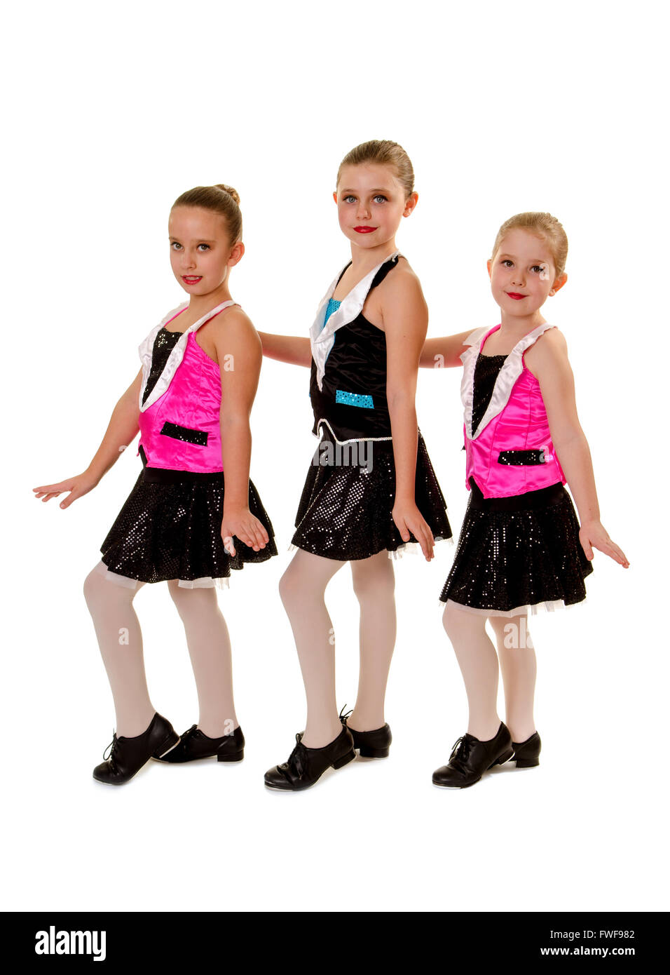 Three Young Girls in Junior Tap Dance Costume Stock Photo