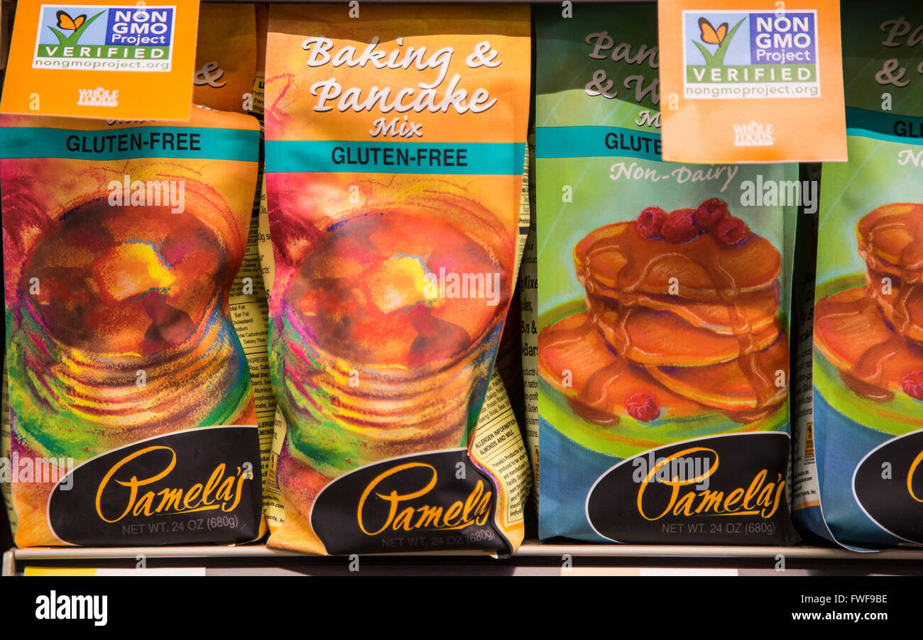 Gluten free pancake mix on a shelf in a grocery store Stock Photo