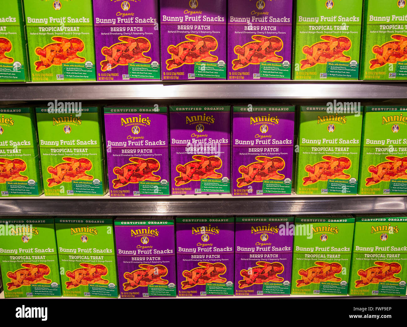 Annie's Organic fruit snacks on grocery store shelves Stock Photo