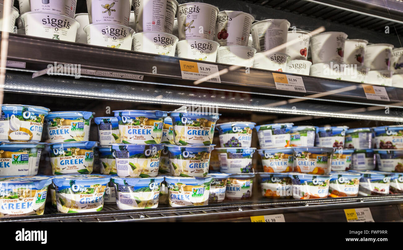 Greek yogurt dairy case grocery store hires stock photography and