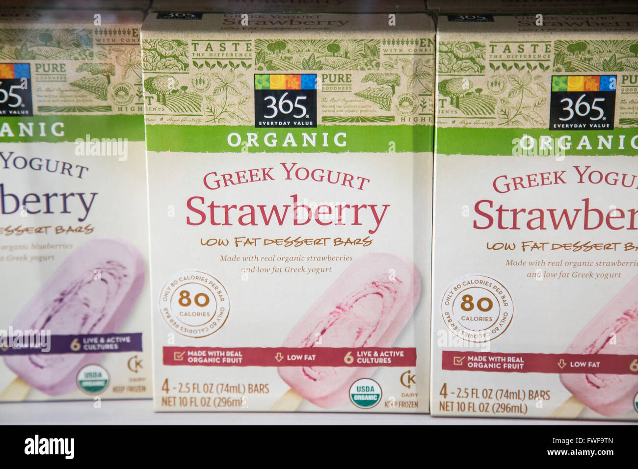 A box of Whole Foods brand 365 organic frozen greek yogurt dessert bars. Stock Photo