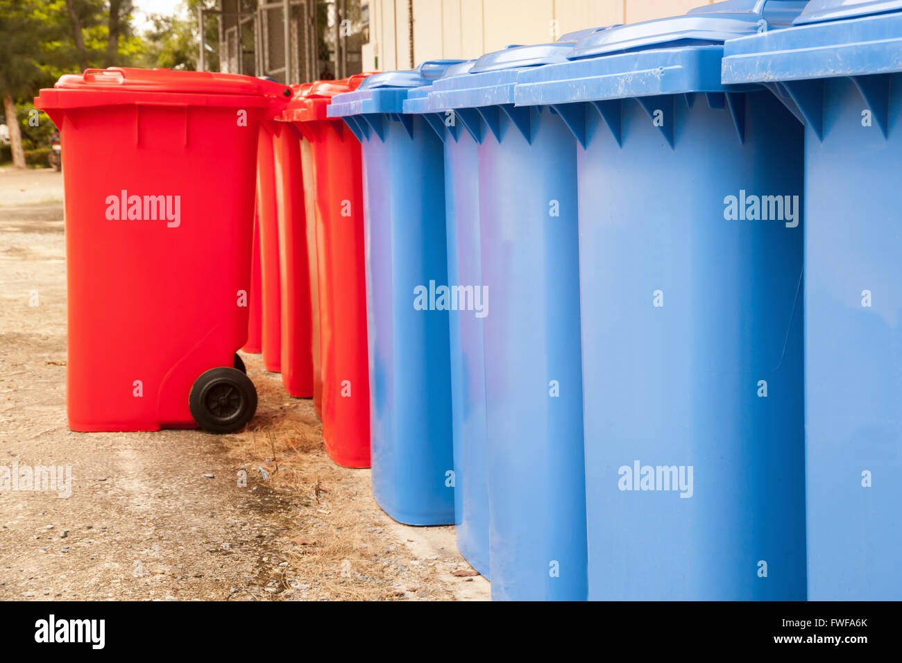 Many Bins Row Blue And Red Bins Stock Photo Alamy