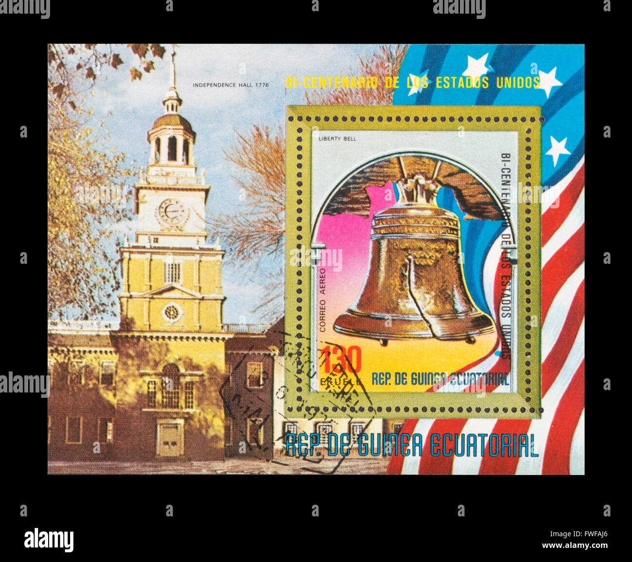 Souvenir sheet from Equatorial Guinea depicting the Liberty Bell and Independence Hall in Philadelphia Stock Photo
