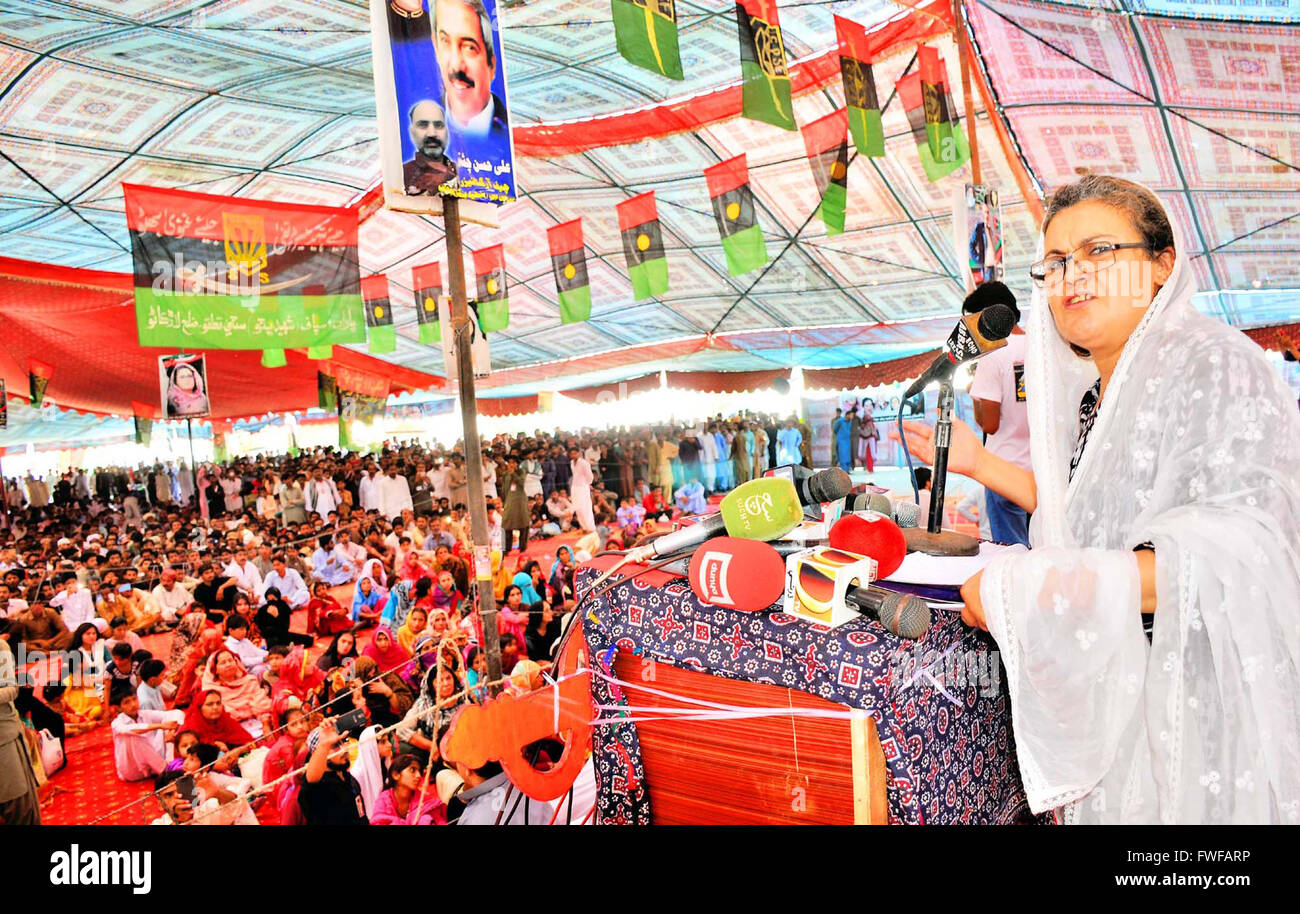 Chairperson Peoples Party (SB) Ghinwa Bhutto addresses to public gathering on the occasion of 37th death anniversary of Zulfiqar Ali Bhutto, held in Garhi Khuda Bux on Monday, April 04, 2016. Stock Photo