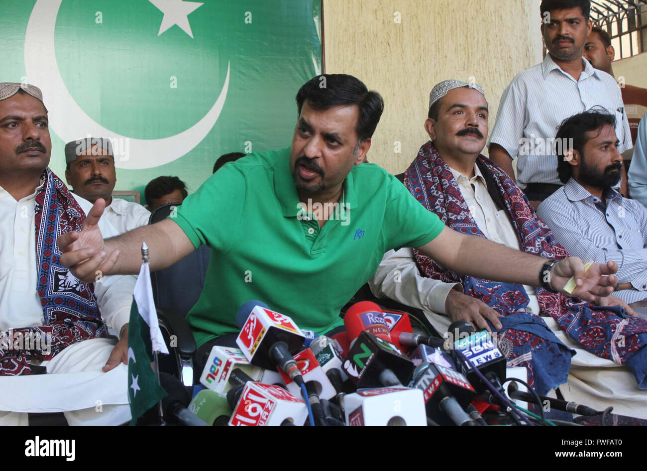 Chairman “Pak Sarzameen Party” Mustafa Kamal addressing to media persons during a press conference held in Karachi on Monday, April 04, 2016. Former MQM Senator Muhammad Ali Brohi also joined Mustafa Kamal's party after saying leaving MQM for good. Stock Photo