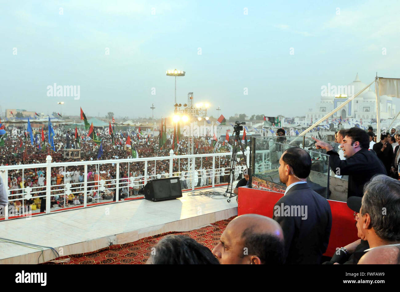 Peoples Party (PPP) Chairman, Bilawal Bhutto Zardari addresses to public gather on occasion of 37th death anniversary commemorate of Peoples Party (PPP) Founder, Zulfiqar Ali Bhutto held at Bhutto's Mausoleum in Garhi Khuda Bux on Monday, April 04, 2016. Stock Photo