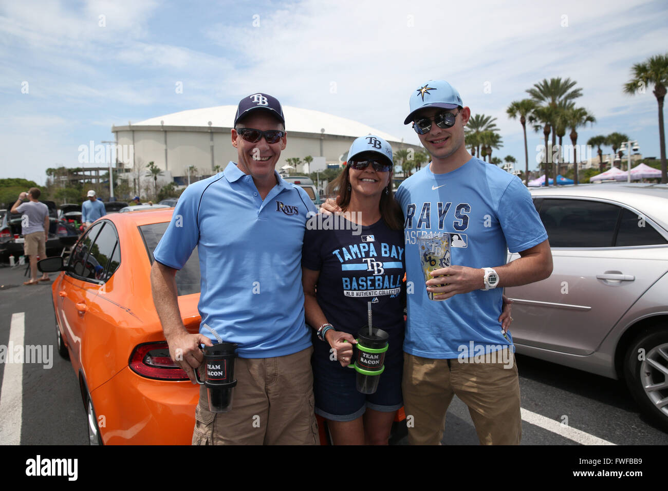 St. Petersburg, Florida, USA. 3rd Apr, 2016. Bo Bacon, Barb Bacon, and Cameron Comito, all of Port Charlotte, pose for a portrait while tailgating before Opening Day of the Tampa Bay Rays 19th season on Sunday April 3, 2016 at Tropicana Field in St. Petersburg. The Rays face the Toronto Blue Jays at 4:05pm. MONICA HERNDON | Times. © Monica Herndon/Tampa Bay Times/ZUMA Wire/Alamy Live News Stock Photo