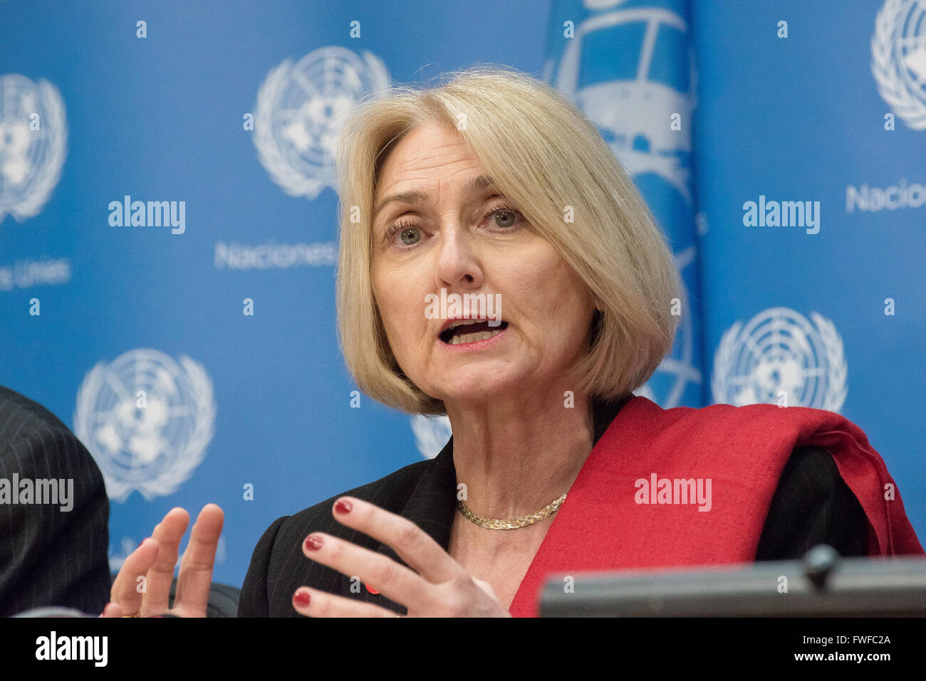 New York, United States. 04th Apr, 2016. Agnès Marcaillou speaks with