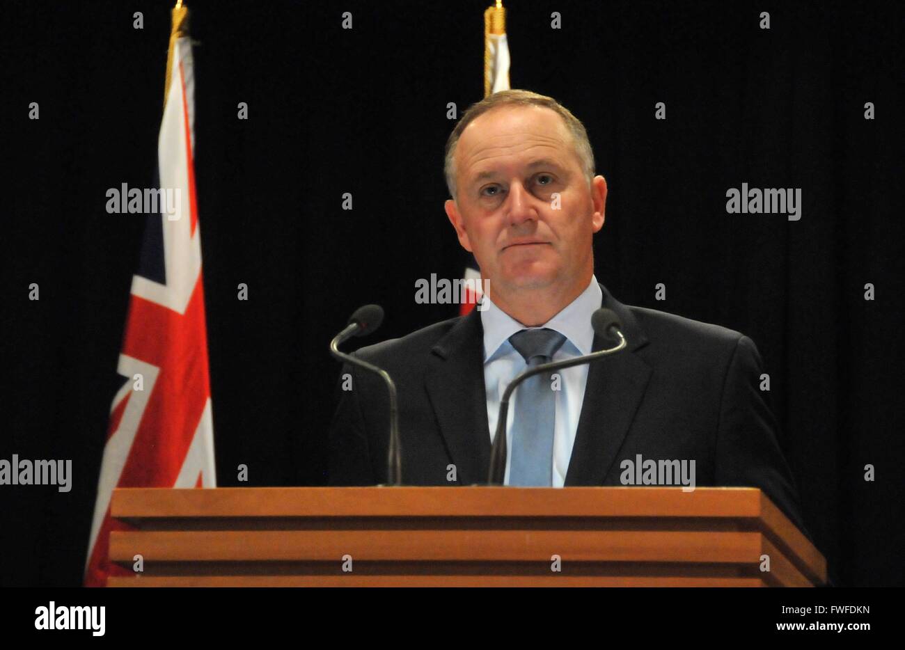 Wellington, New Zealand. 5th Apr, 2016. New Zealand's Prime Minister John Key addresses a press conference in Wellington, capital of New Zealand, April 5, 2016. The New Zealand government is nominating former Prime Minister Helen Clark for the position of the United Nations secretary-general, John Key said on Tuesday. Credit:  Su Liang/Xinhua/Alamy Live News Stock Photo