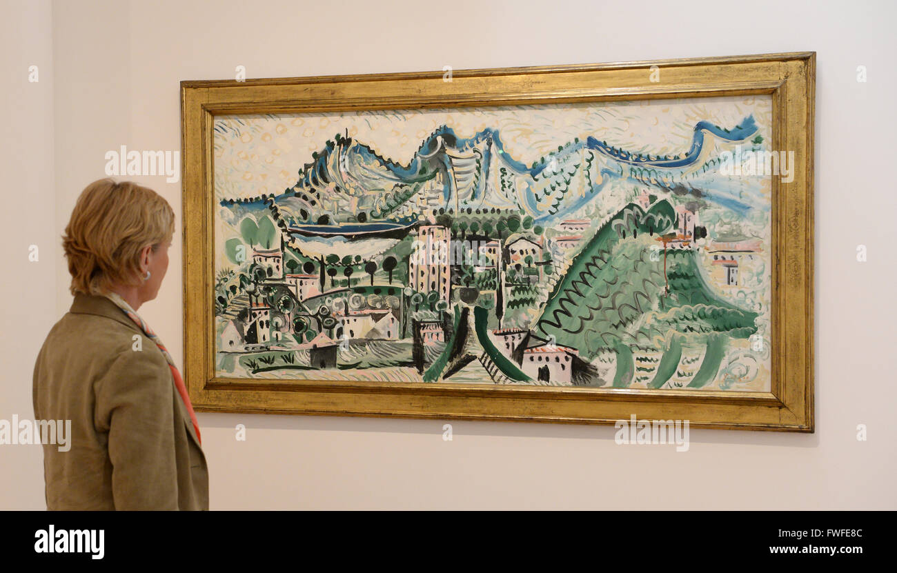 Schwaebisch Hall, Germany. 4th Apr, 2016. A woman looking at the painting 'Paysage de Mougins 2' by Spanish painter, sculptor and illustrator Pablo Picasso (1881-1973) at Kunsthalle Wuerth in Schwaebisch Hall, Germany, 4 April 2016. At the exhibition 'Picasso and Germany', his works are put into dialog with works of famous German artists. PHOTO: FRANZISKA KRAUFMANN/dpa/Alamy Live News Stock Photo