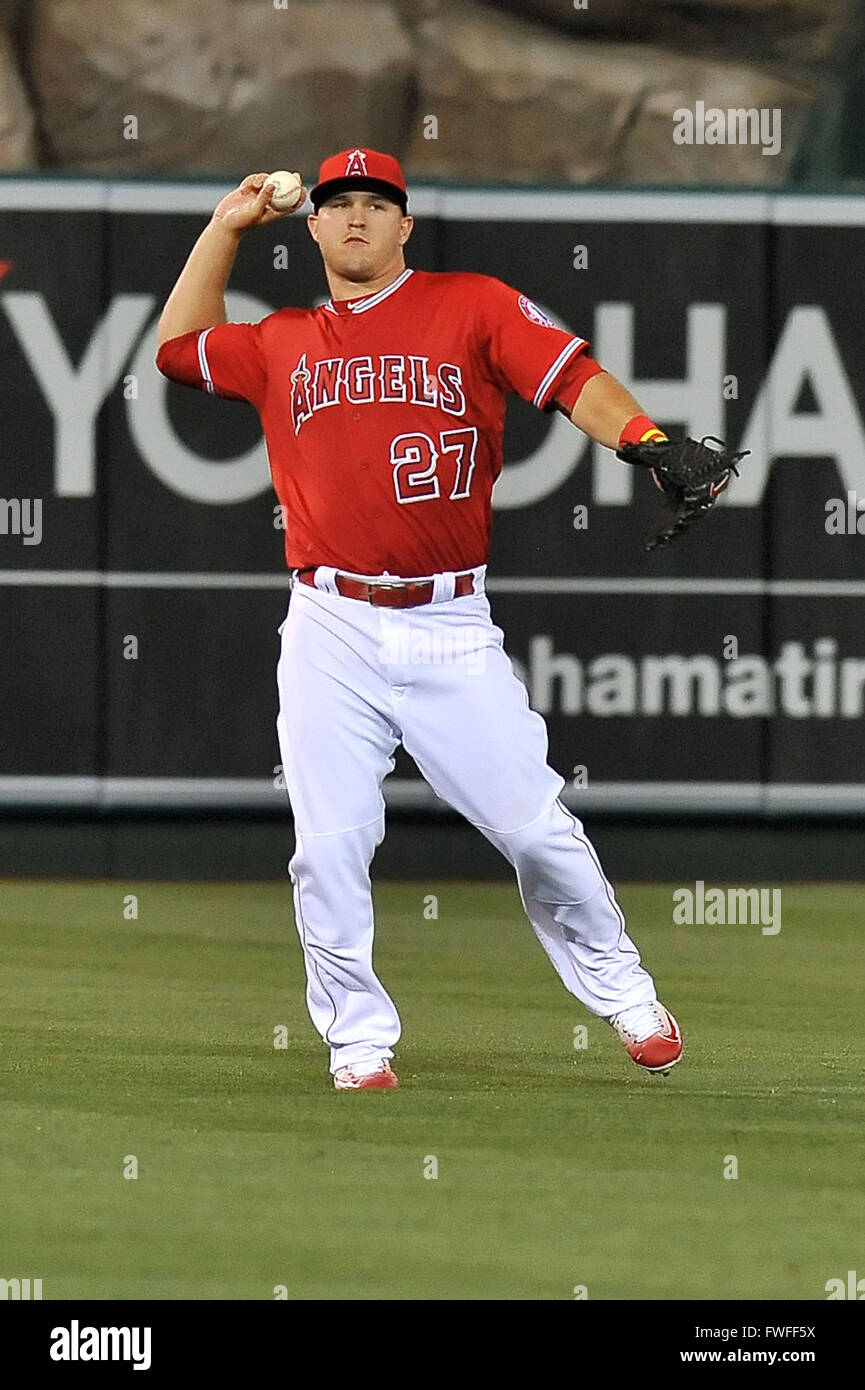 Los Angeles Angels center fielder Mike Trout #27 is greeted at