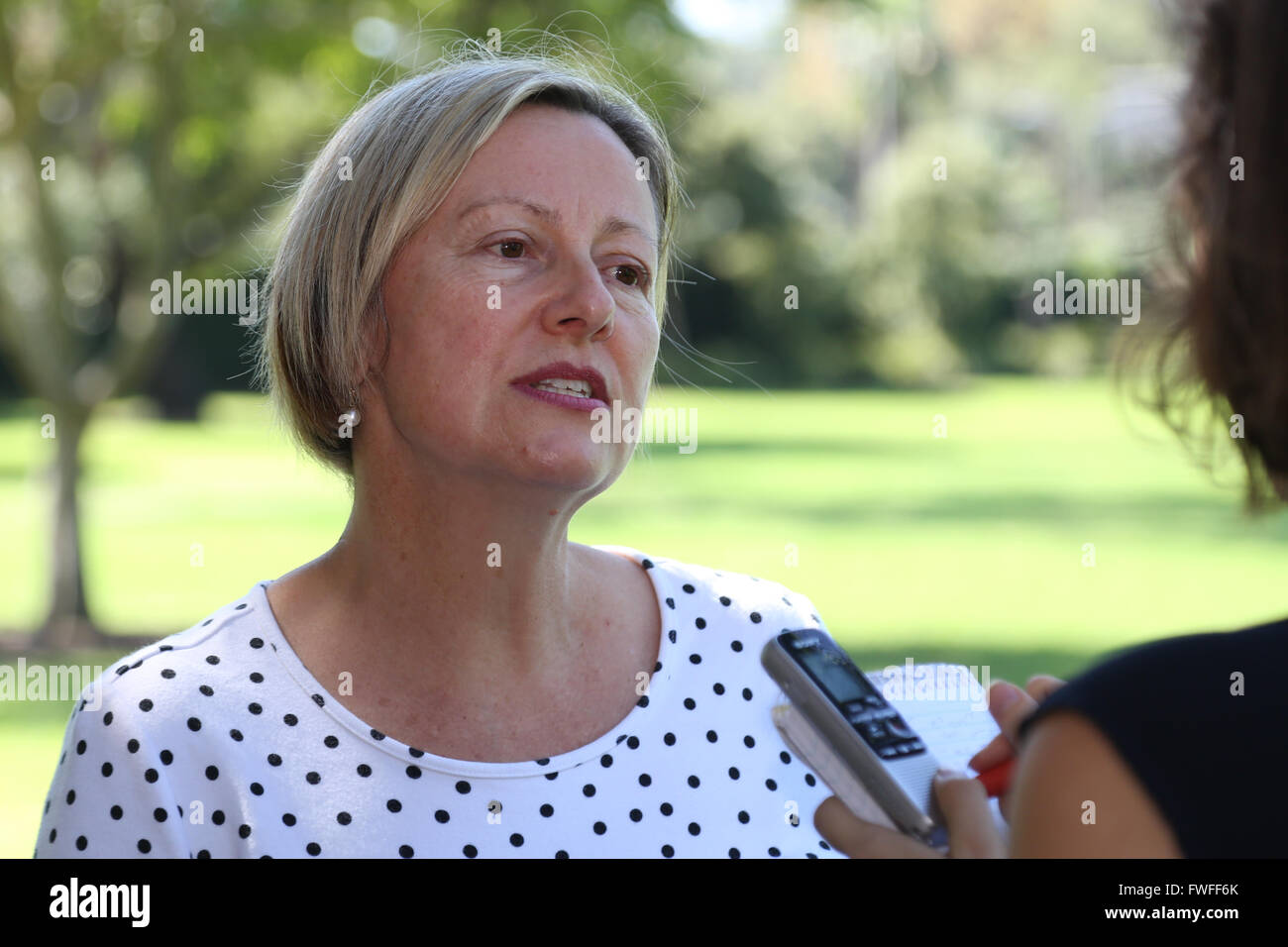 Sydney, Australia. 5 April 2016. Award-winning environmental campaigner Ramesh Agrawal warns NSW Minister for Industry, Resources and Energy, Anthony Roberts, about Wollongong Coal's majority owner, India-based Jindal Steel and Power, in the wake of a mine proposal in Russell Vale. He was joined by NSW Greens MP Jeremy Buckingham, Kaye Osborn (Illawarra Residents for Responsible Mining) and Nic Clyde (Lock the Gate Alliance). Behind NSW Parliament, Hospital Rd, Sydney. Pictured: Kaye Osborn. Credit: Richard Milnes/Alamy Live News Stock Photo