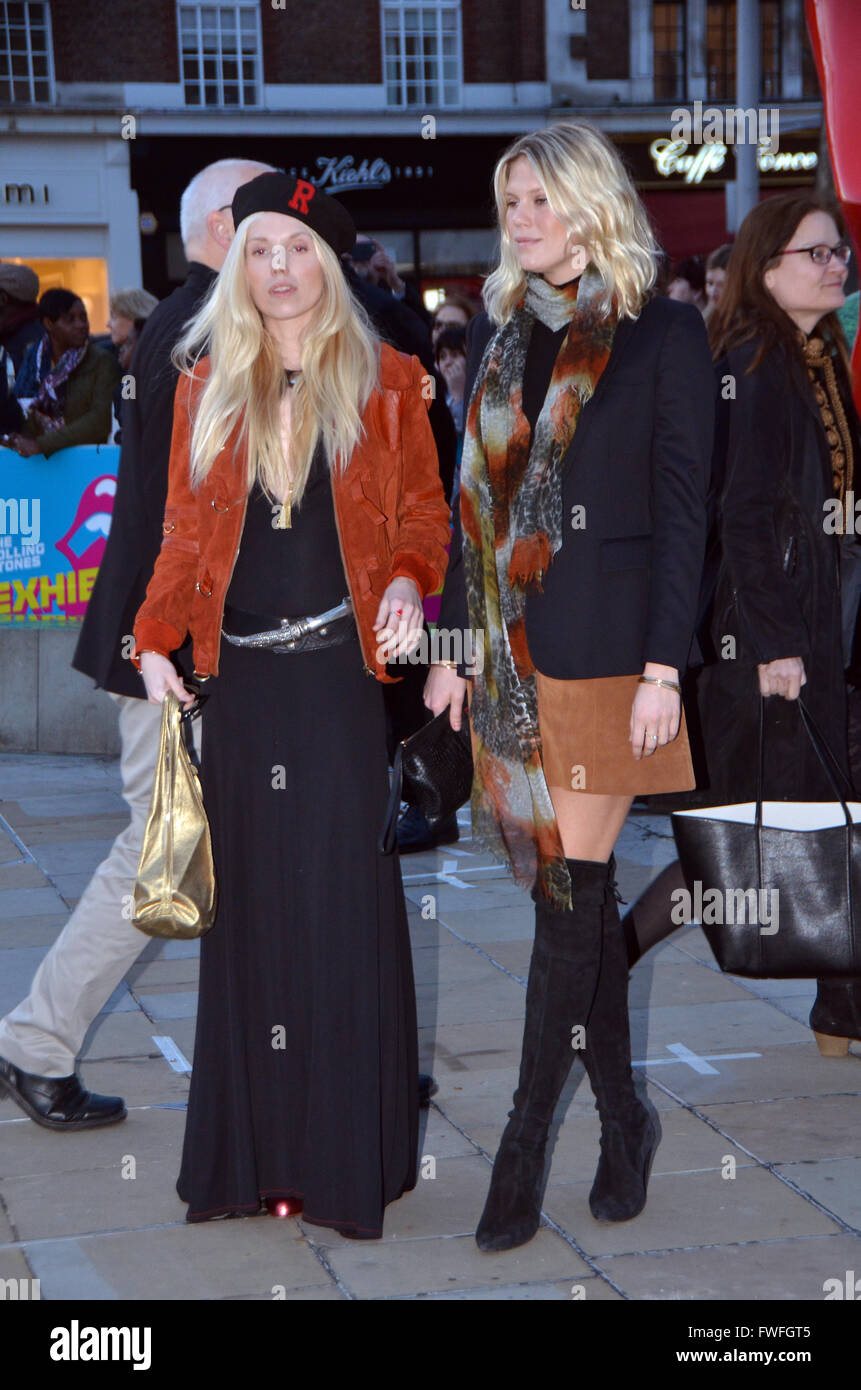 London, UK, 4 April 2016, Theodora & Alexandra Richards attend. The Rolling Stones attend a private view launch of 'Exhibitionism' at the Saatchie Gallery in Sloane Squarel. Fans are able  to see an array of items that tell the story of their history. Exhibitionism: The Rolling Stones sees various clothing, items, props, instruments and more displayed for fans to see first hand. There will also be displays of artwork from some of the biggest names around. Credit:  JOHNNY ARMSTEAD/Alamy Live News Stock Photo