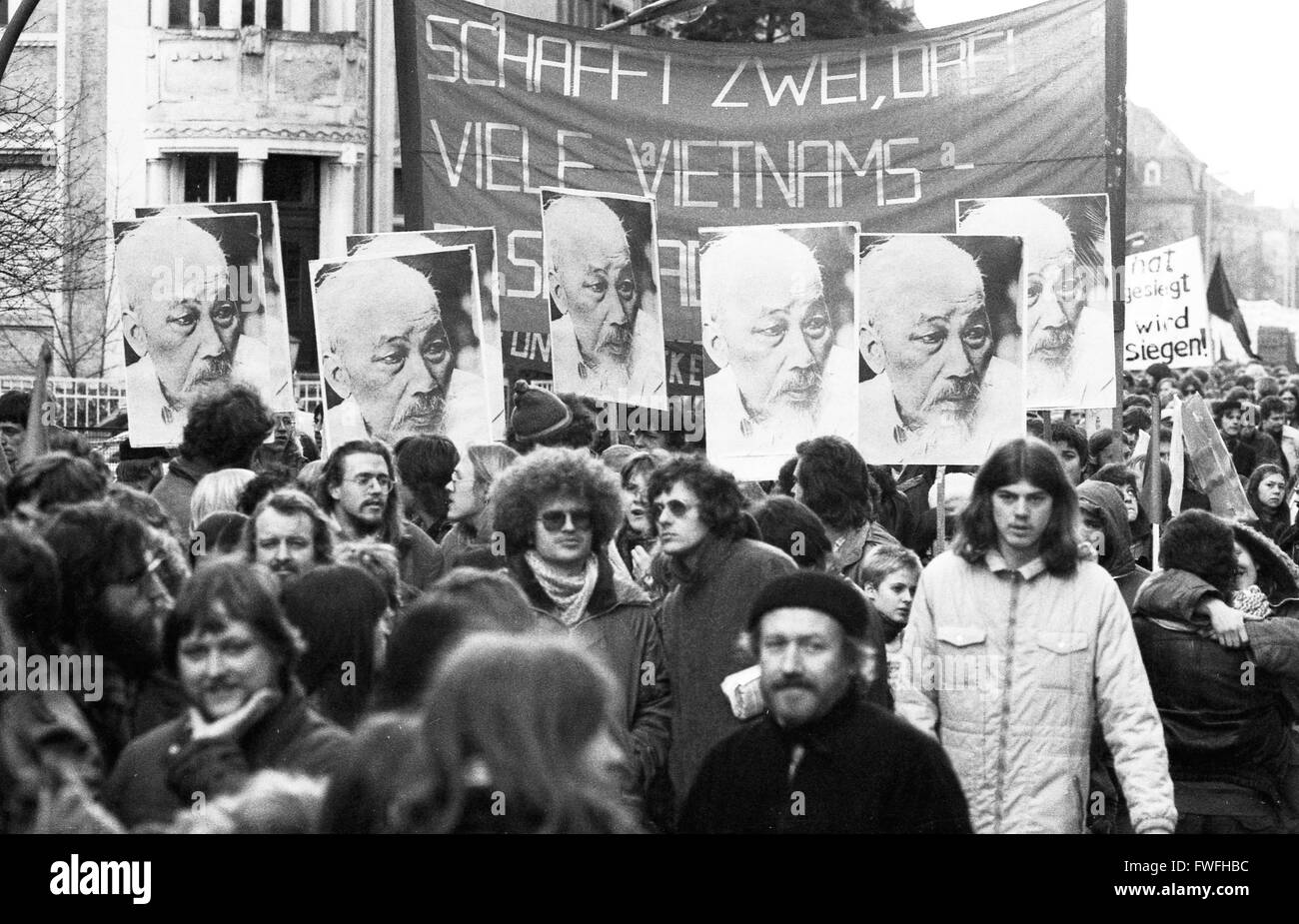 Students are demonstrating against US intervention in El Salvador on 13 March 1982 in Frankfurt, Germany. Stock Photo
