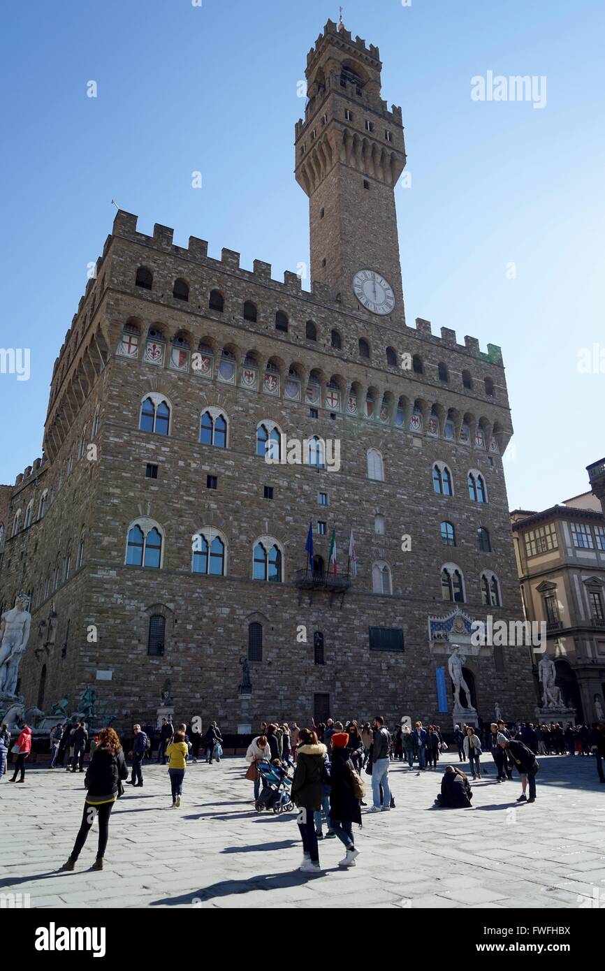Italy: Palazzo Vecchio (town hall) at Piazza della Signoria in Florence. Photo from 20. February 2016. Stock Photo