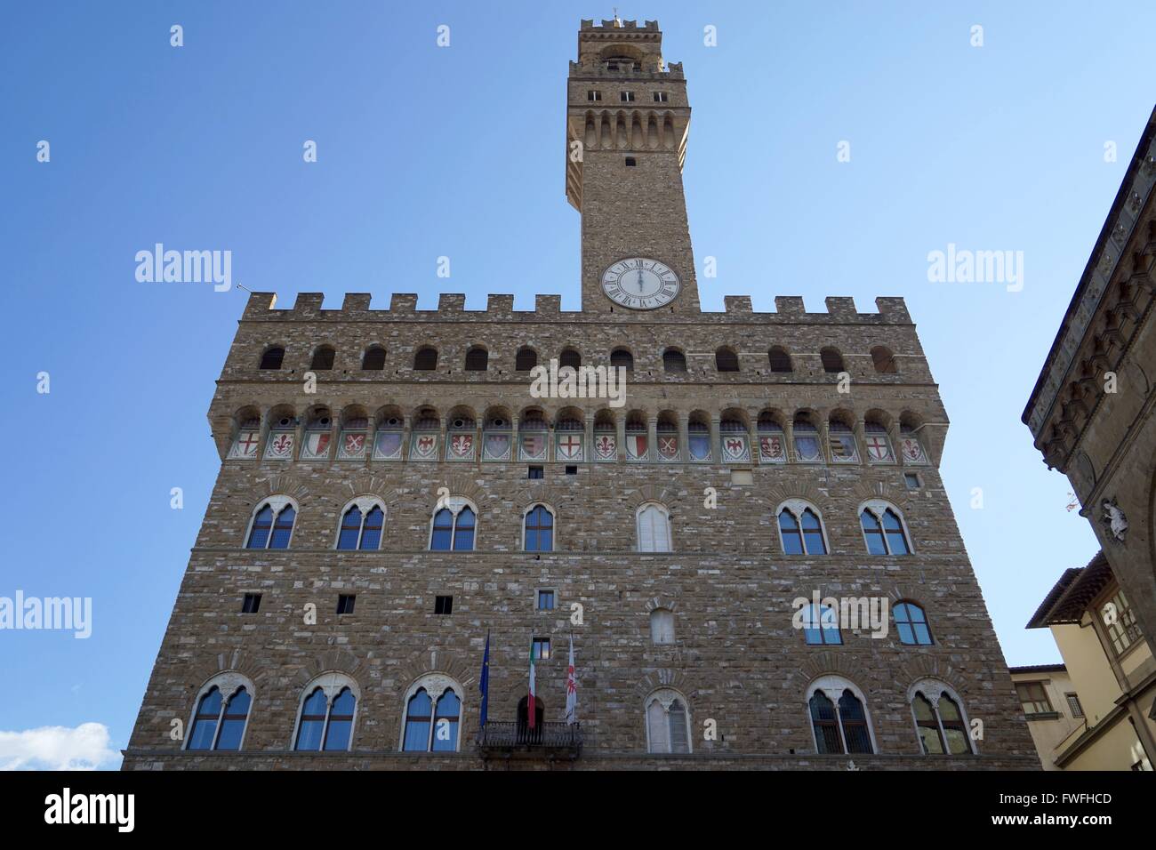 Italy: Palazzo Vecchio (town hall) at Piazza della Signoria in Florence. Photo from 20. February 2016. Stock Photo