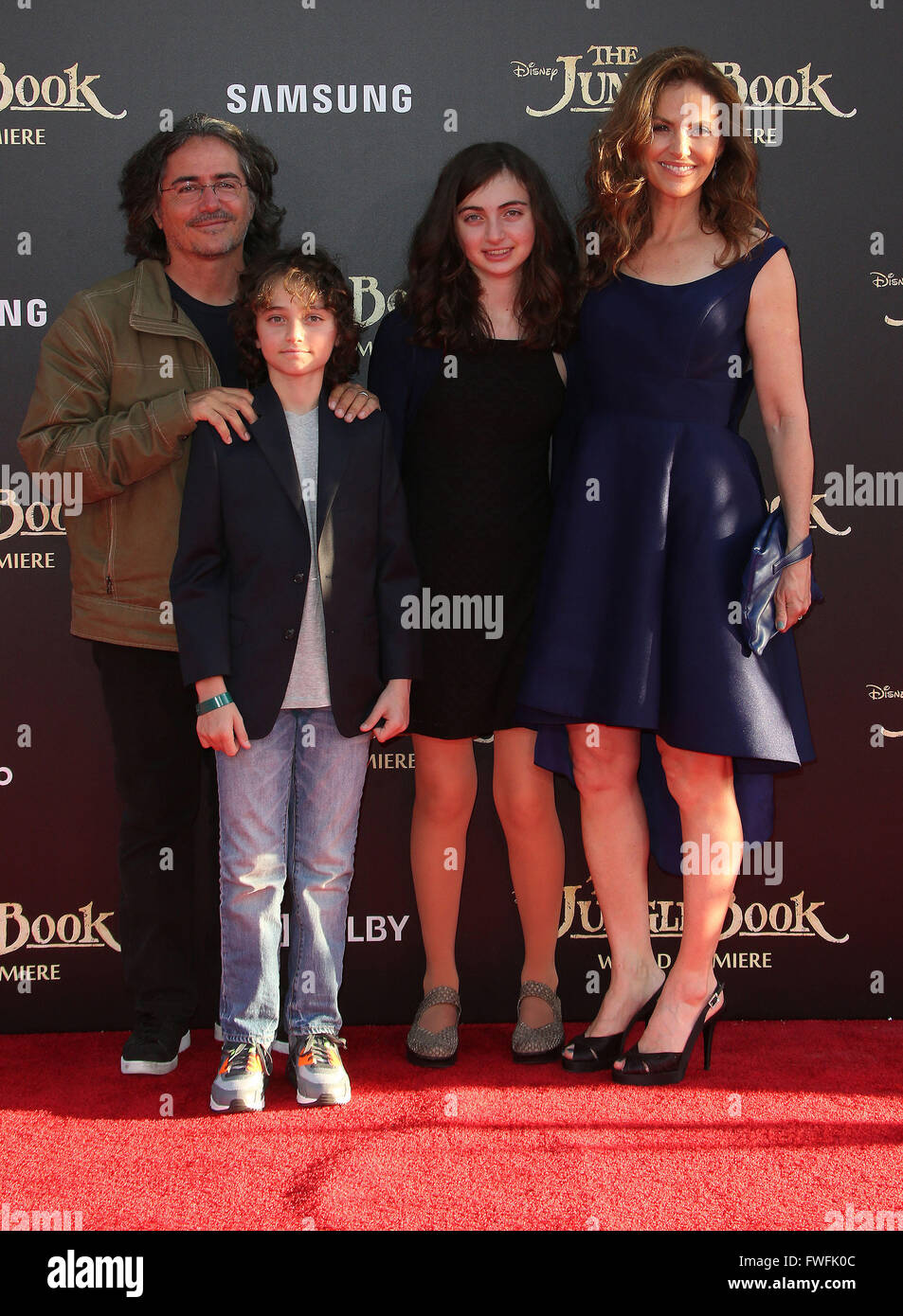 Hollywood, CA, USA. 4th Apr, 2016. Brad Silberling, Amy Brenneman, Charlotte Tucker Silberling, Bodhi Russell Silberling. ''The Jungle Book'' Los Angeles Premiere held at the El Capitan Theatre. Credit:  Sammi/AdMedia/ZUMA Wire/Alamy Live News Stock Photo