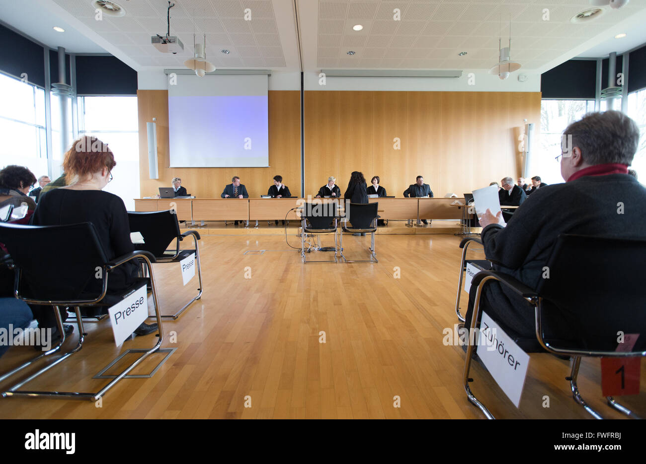 Detmold, Germany. 6th Apr, 2016. View of the court chambers in Detmold, Germany, 6 April 2016. The 94-year-old former SS overseer Hanning is accused of complicity in murder in at least 170,000 cases. The trial in front of the regional court of Detmold takes place in the rooms of the Chamber of Industry and Commcerce. Credit:  dpa picture alliance/Alamy Live News Stock Photo