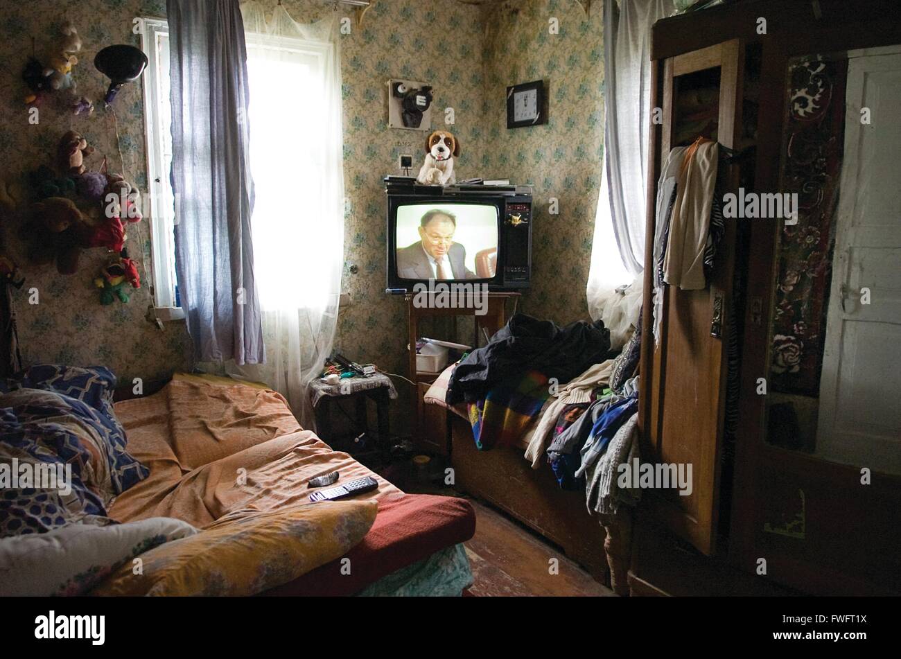 Tv set in the home of a Ukrainian family Stock Photo
