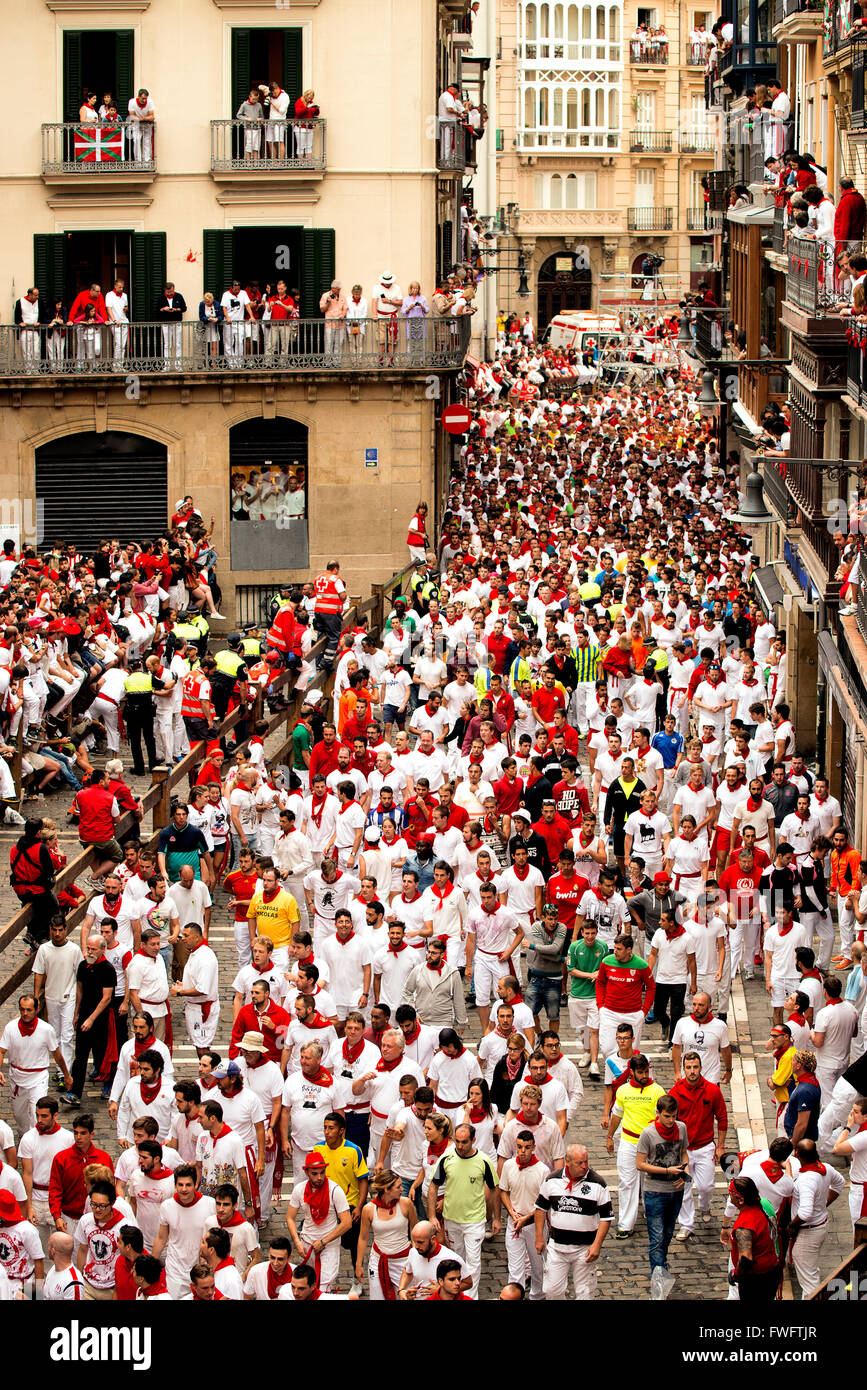 Spain Navarra Pamplona 10 July 2015 S Firmino fiesta running bull before departure in the calle Estafeta at 6:46 in the morning Stock Photo