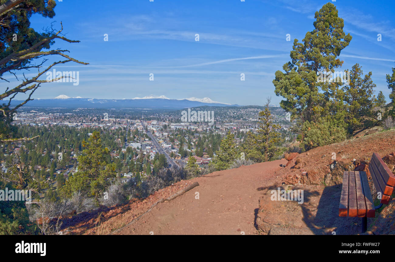 View from a park bench in Pilot Butte State Scenic Viewpoint in Bend, Oregon Stock Photo