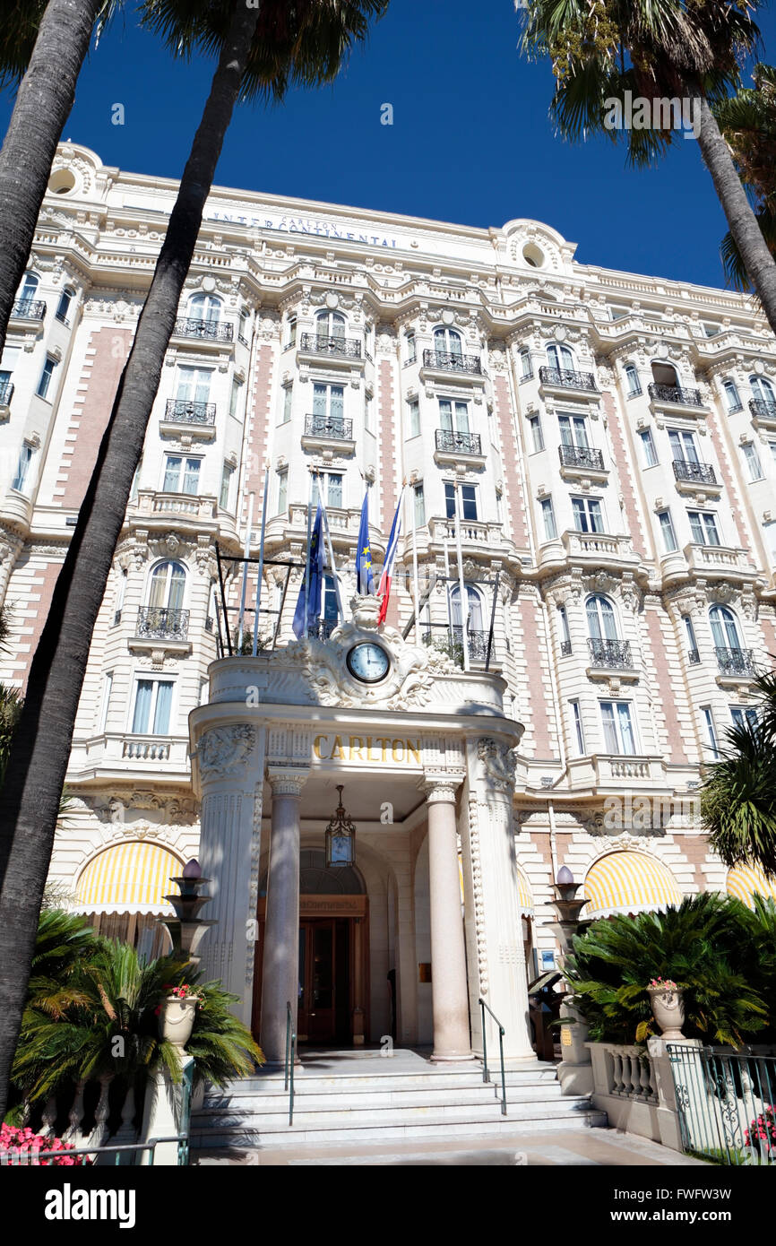 Front entrance and facade of the famous Carlton International Hotel situated on the croisette boulevard in Cannes, Cote d'Azur, Stock Photo