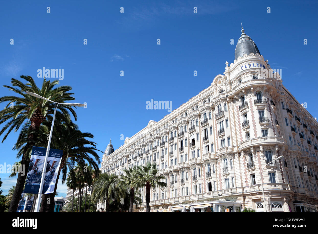 Wideangle view of the facade and dome of the famous Carlton International Hotel situated on the croisette boulevard in Cannes Stock Photo