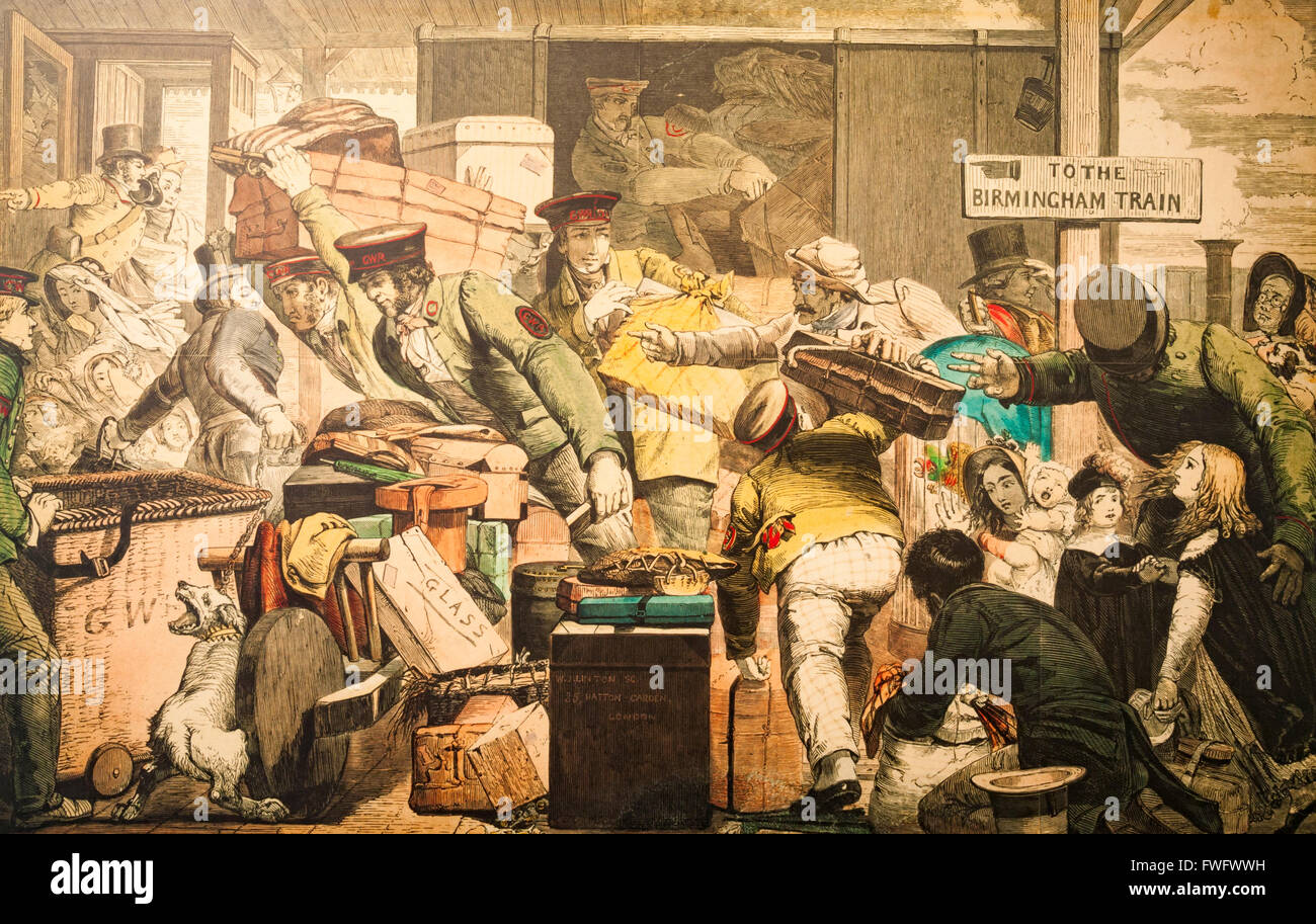 Cartoon depicting the chaos of transfering goods and passengers when UK trains ran on different guage tracks. Stock Photo