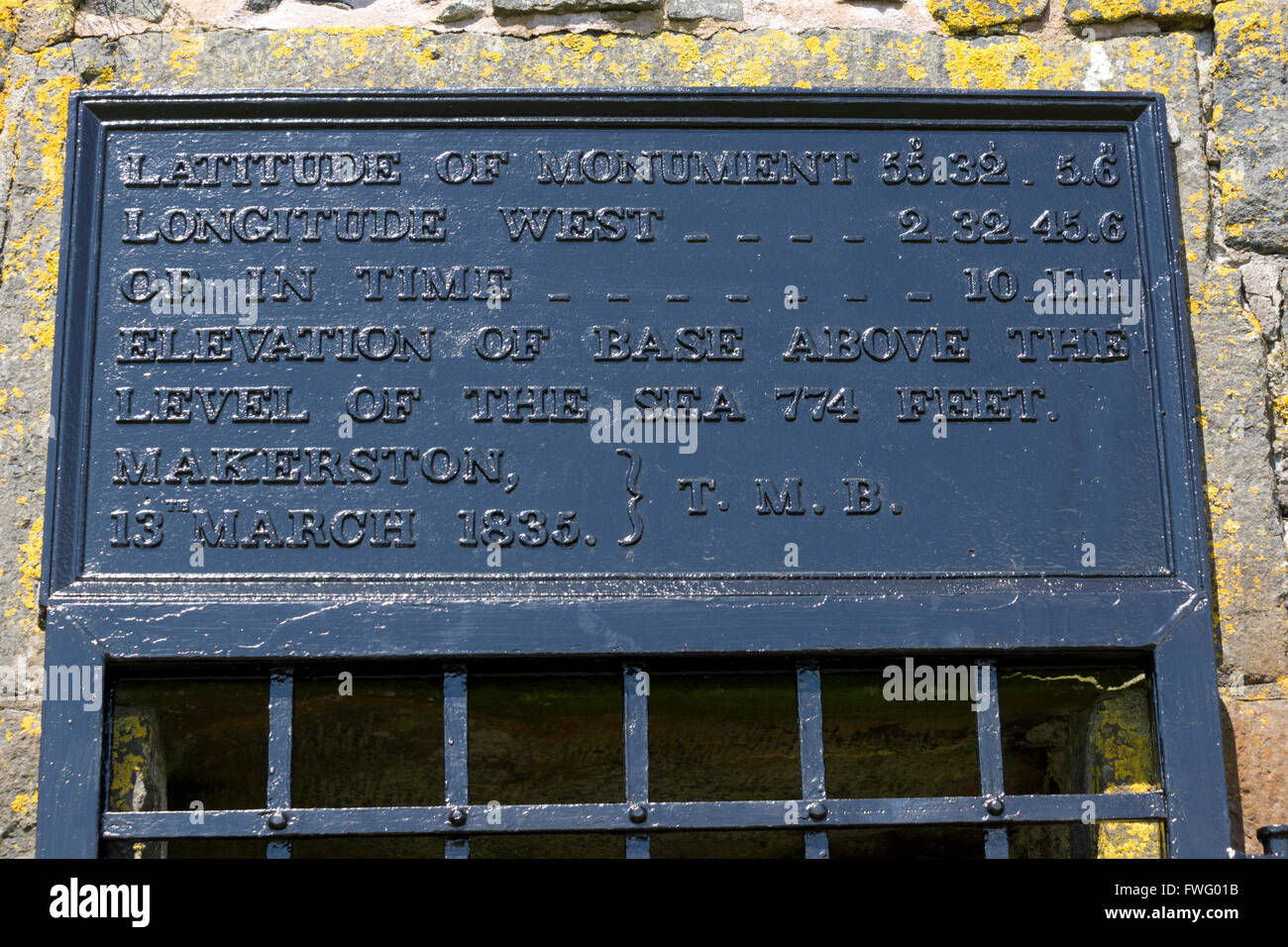 Metal plaque above the doorway to the Waterloo Monument at Peniel Heugh, near Ancrum, in the Scottish Borders Stock Photo