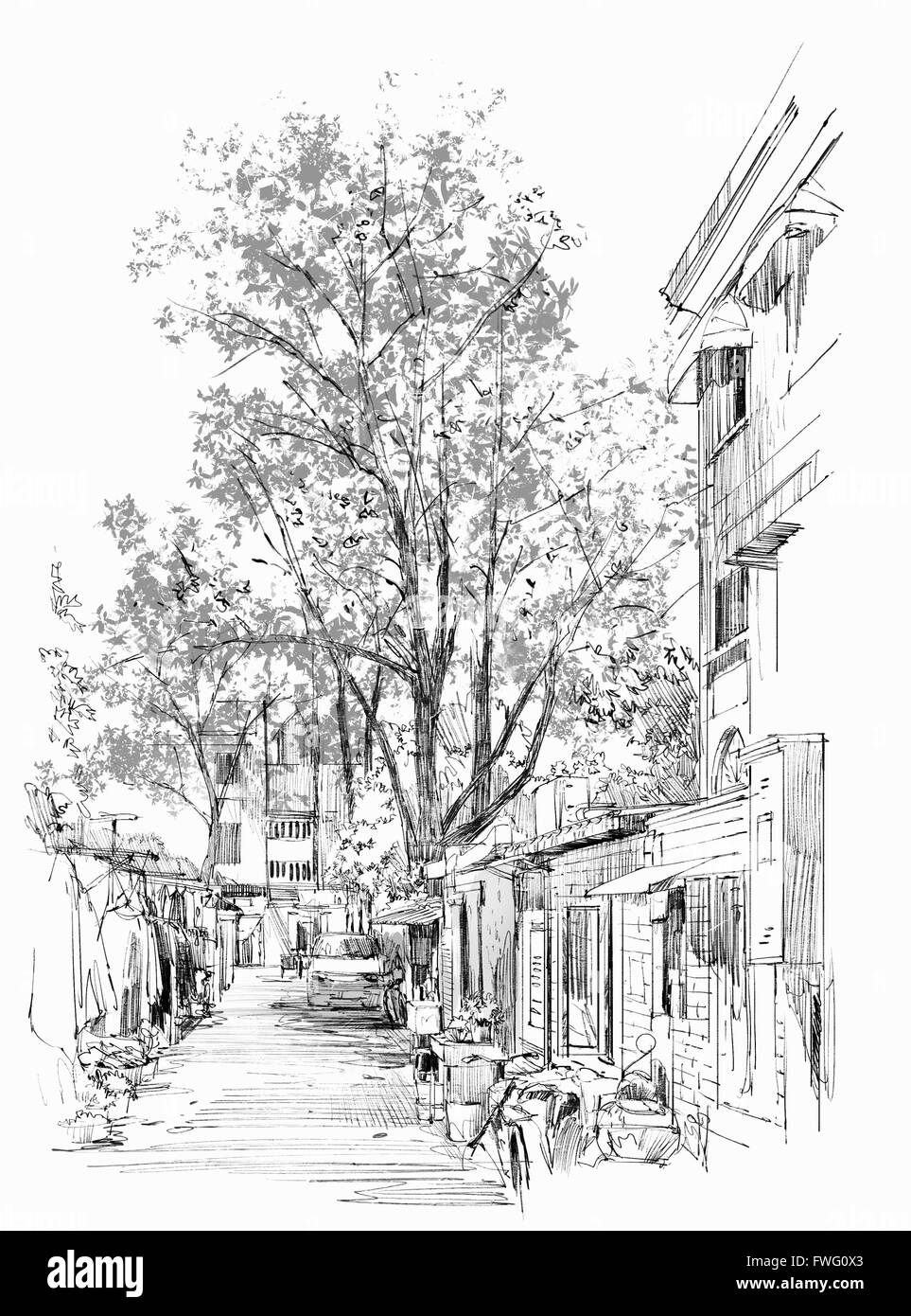 sketch of narrow street with old buildings in China Stock Photo