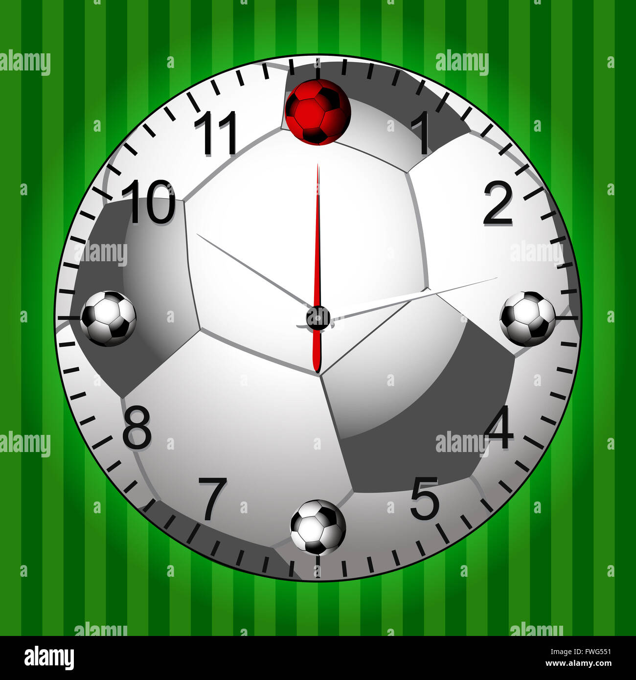 Football Soccer Clock with Green Football Field Background Stock Photo