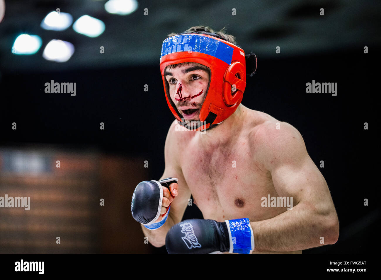 fighter boxing bloody face during a fight in ring Stock Photo