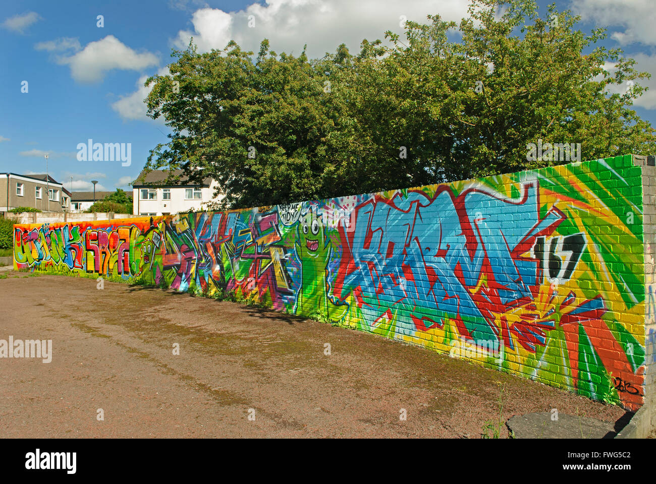 Colourful graffiti as part of modern urban culture in Skelmersdale, Lancashire, UK Stock Photo