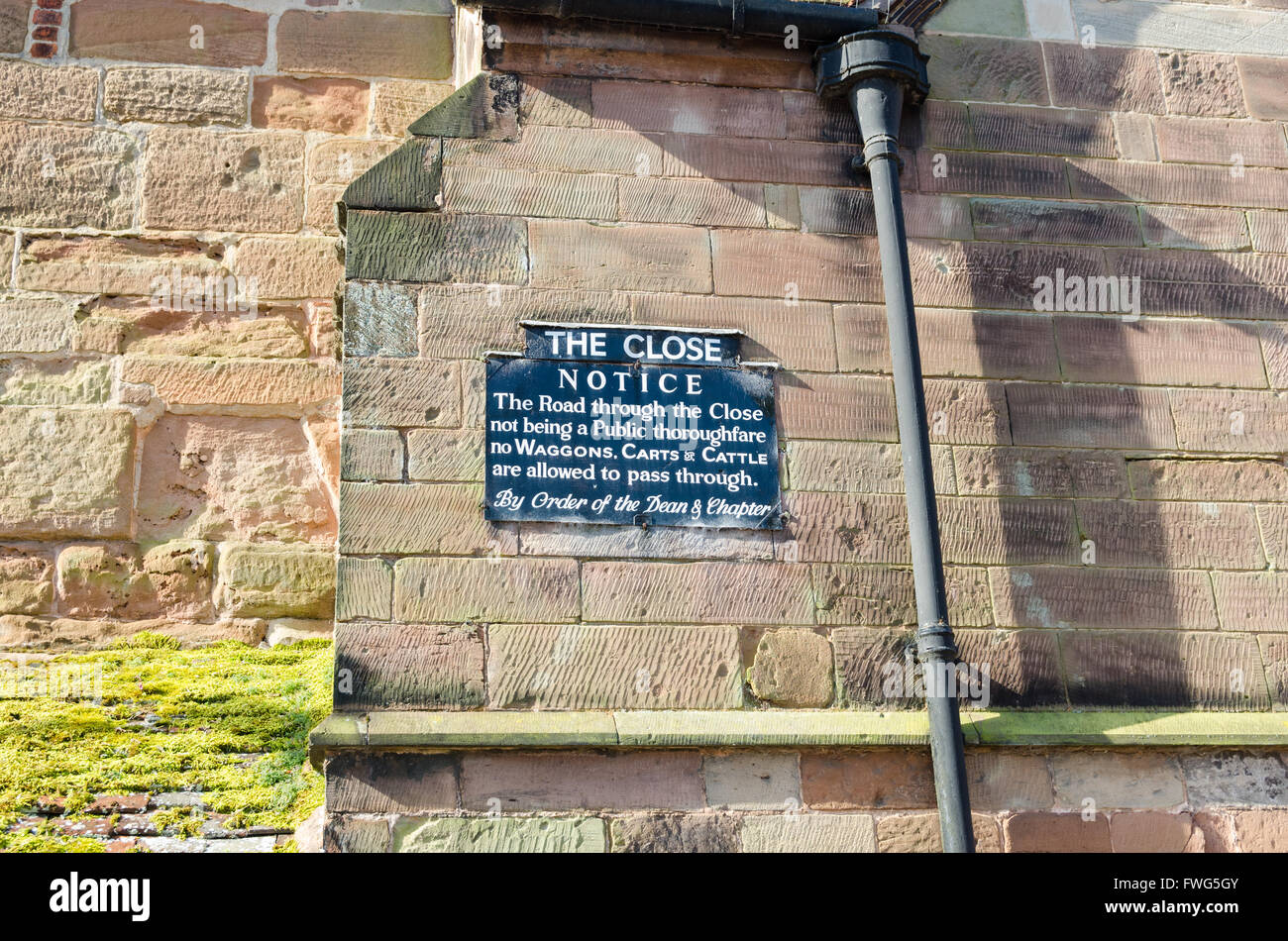 Sign at entrance to The Close by Lichfield Cathedral stating no wagons,carts and cattle may be admitted Stock Photo