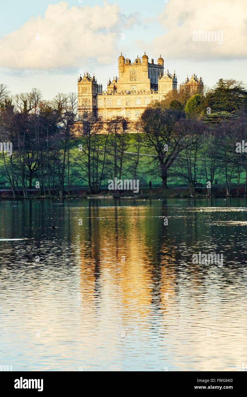View of Wollaton Hall from the lake in the grounds, Nottingham, England, UK. Stock Photo