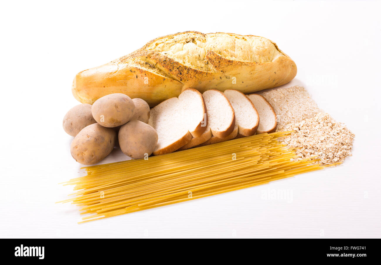 Group of carbohydrates for diet, bread, rice, oat, potatoes, pasta on