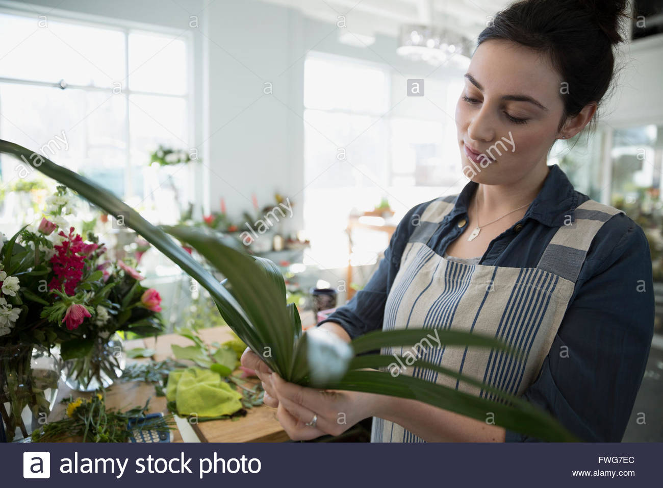 Florist arranging bouquet in flower shop Stock Photo
