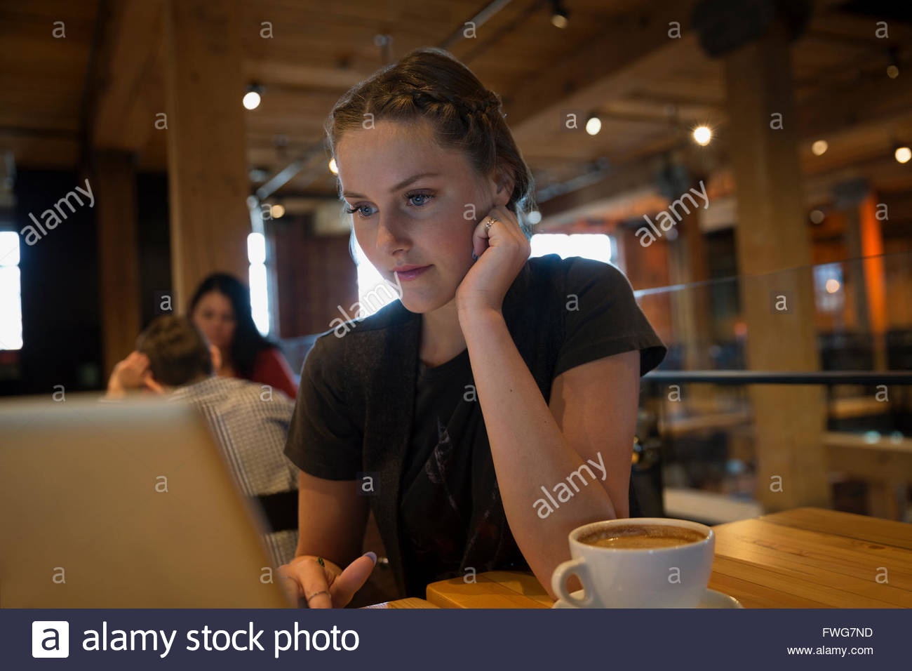 Focused young women using laptop in cafe Stock Photo - Alamy