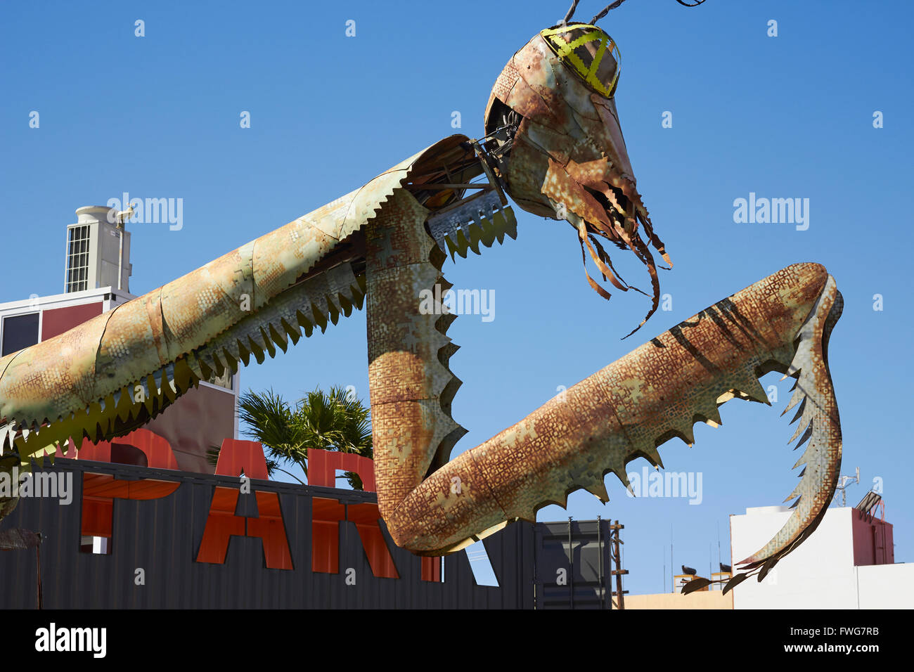 outdoor praying mantis sculpture by Kirk Jellum, downtown Las Vegas