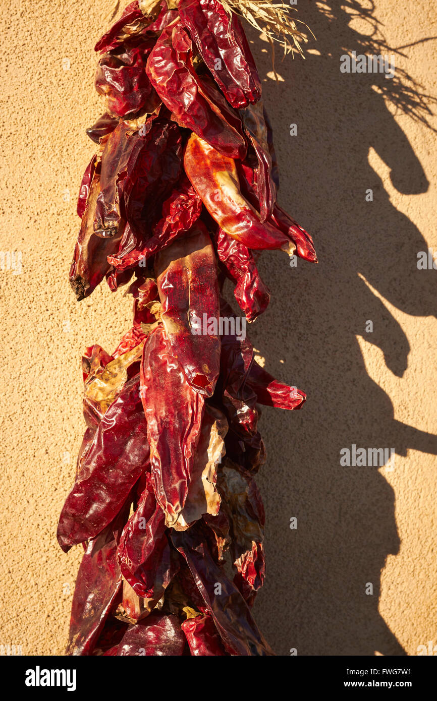 A ristra, a string of dried chiles, at Abiquiu, New Mexico, USA Stock Photo