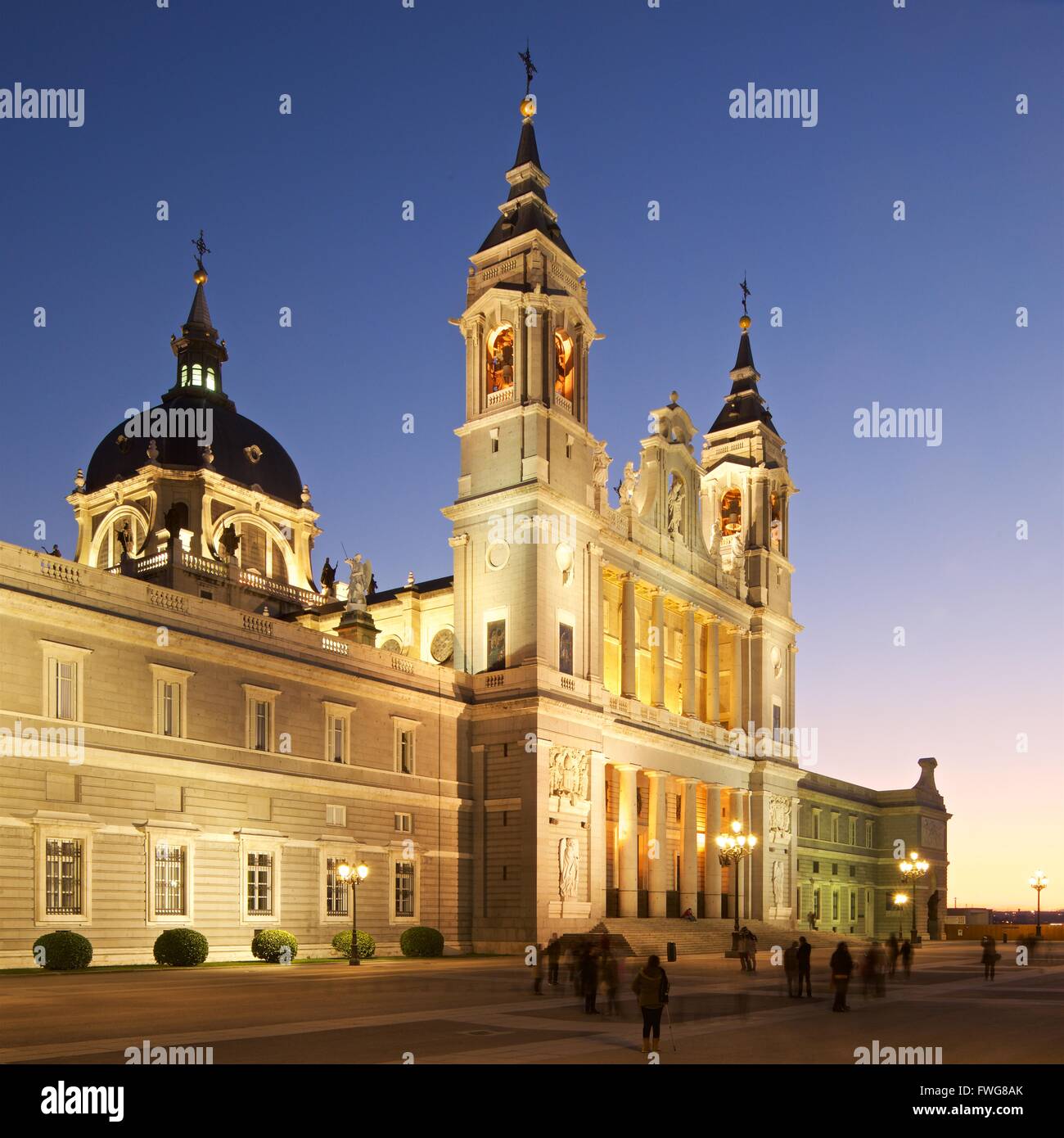 A travel image of Madrid at Almudena cathedral taken at dusk Stock Photo