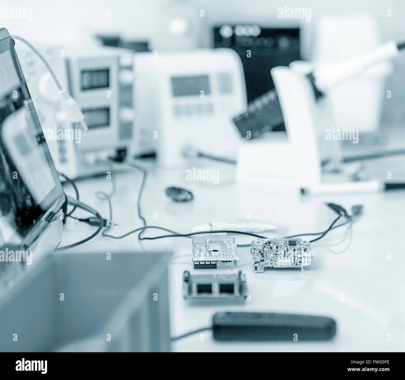 Microprocessor, oscilloscope and multimetre in a laboratory Stock Photo ...