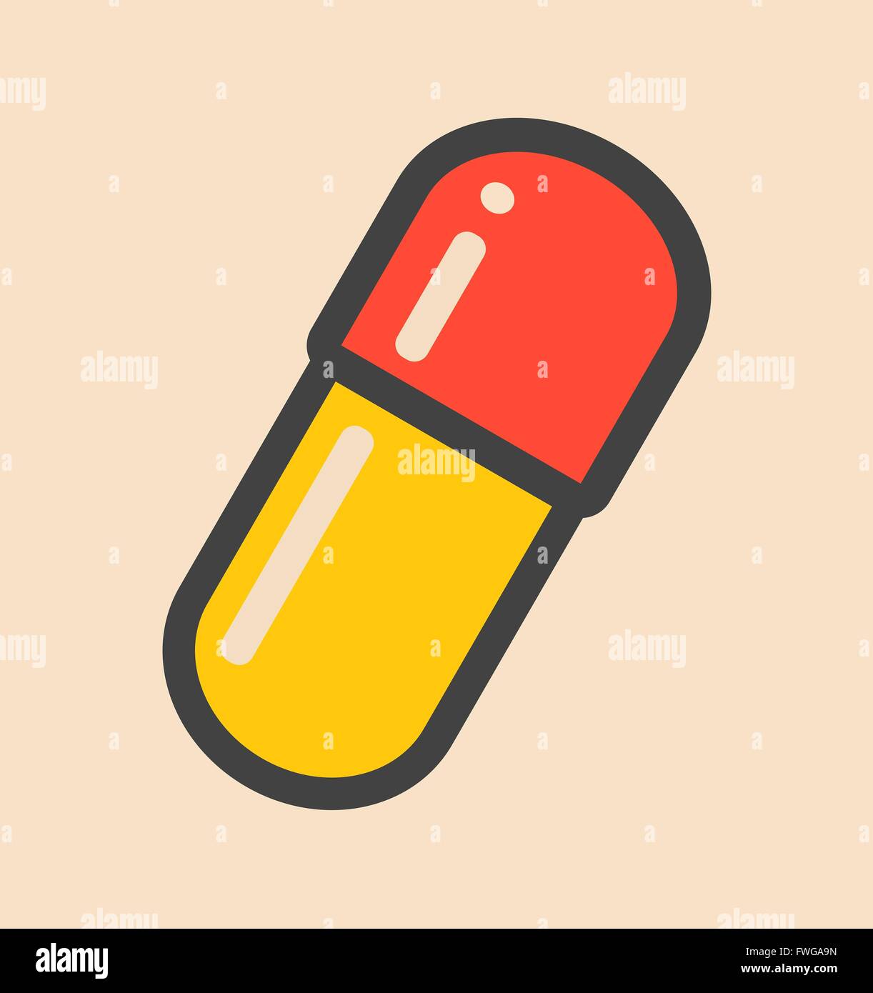 Capsule, flat icon style. Hard medicine capsule, composed of two pieces. Used for oral