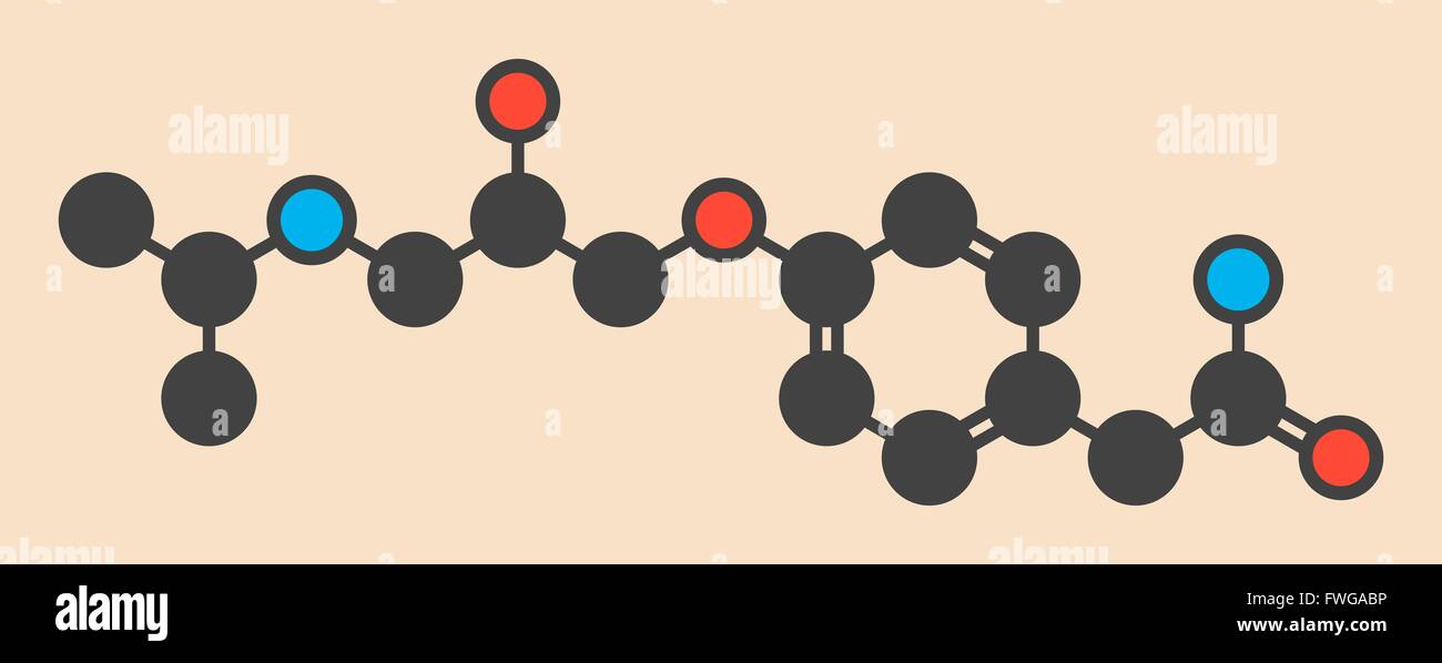 Atenolol hypertension or high blood pressure drug (beta blocker) molecule Stylized skeletal formula (chemical structure) Atoms Stock Photo