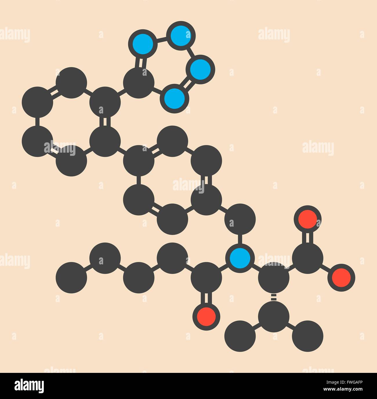 Valsartan high blood pressure (hypertension) drug Inhibitor of angiotensin II receptor Stylized skeletal formula (chemical Stock Photo